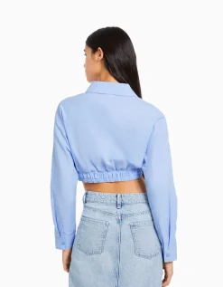 BERSHKA Chemise manches longues croisée devant Blanc Discount