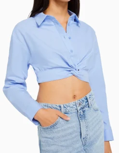 BERSHKA Chemise manches longues croisée devant Blanc Discount