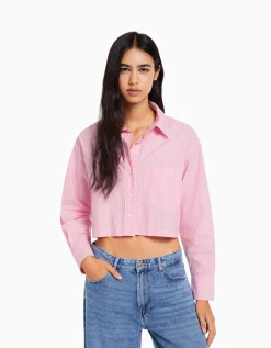 BERSHKA Chemise manches longues cropped popeline Blanc Clearance
