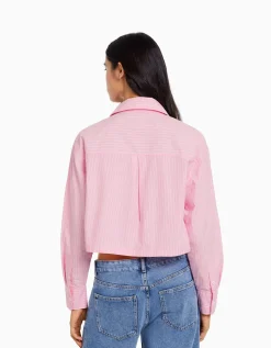 BERSHKA Chemise manches longues cropped popeline Blanc Clearance