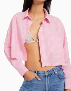 BERSHKA Chemise manches longues cropped popeline Blanc Clearance