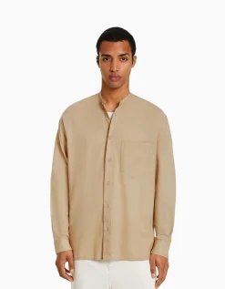 BERSHKA Chemise manches longues lin Blanc Sale