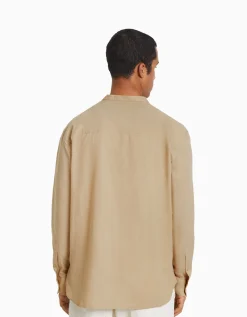 BERSHKA Chemise manches longues lin Blanc Sale