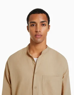 BERSHKA Chemise manches longues lin Blanc Sale