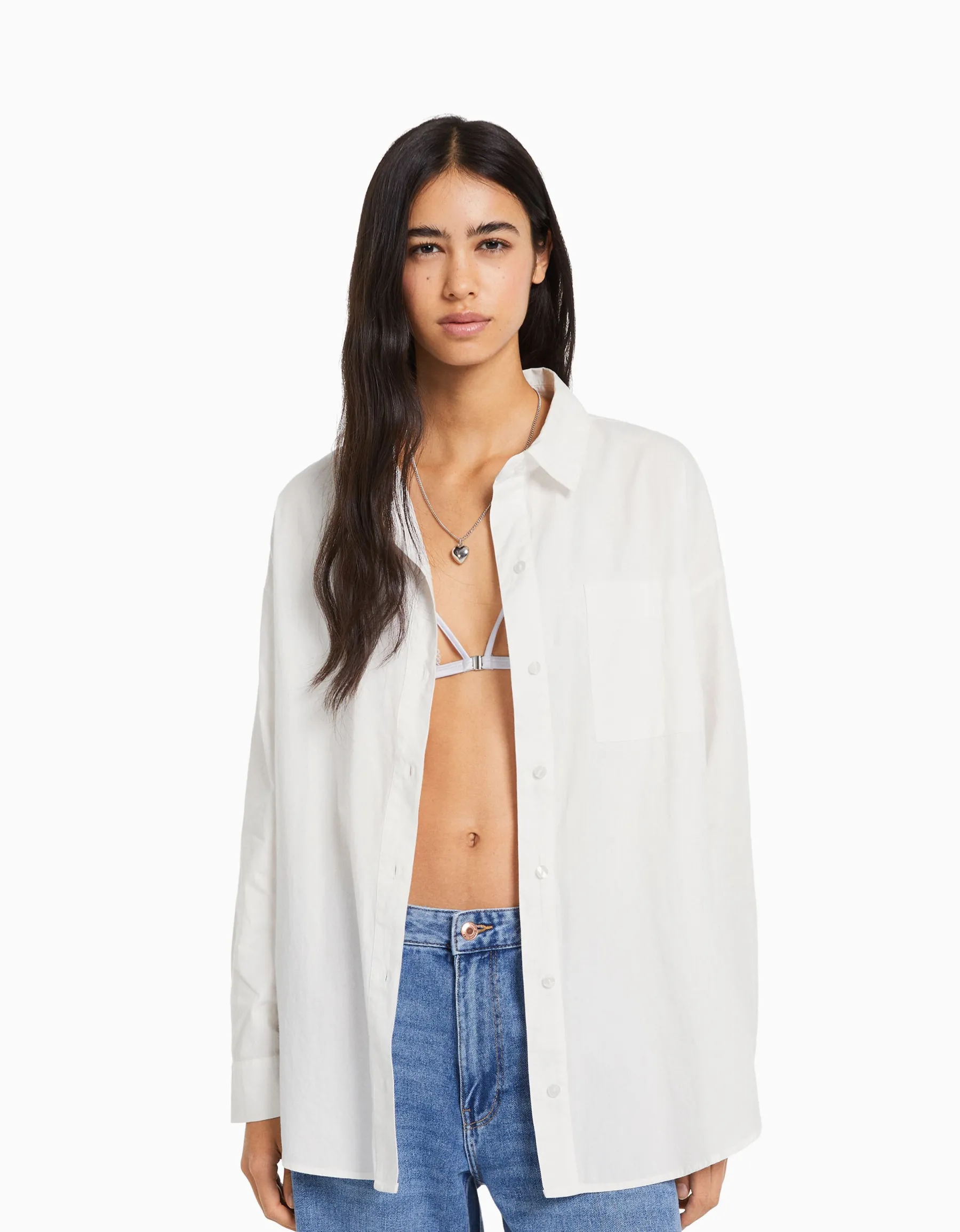 BERSHKA Chemise manches longues oversize popeline Beige Store