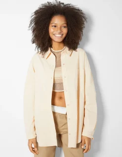BERSHKA Chemise manches longues overzise popeline Beige Discount
