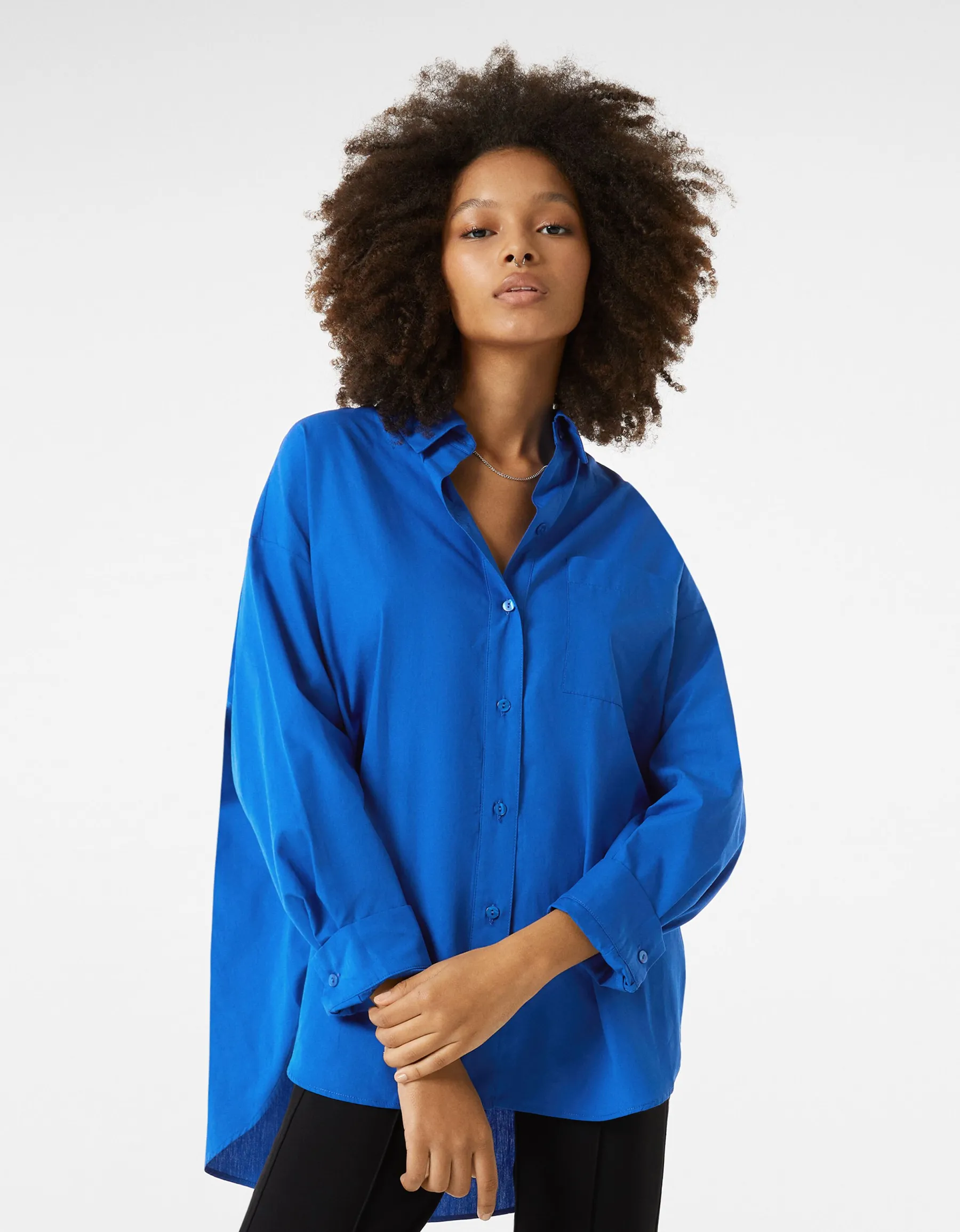 BERSHKA Chemise manches longues overzise popeline Beige Discount