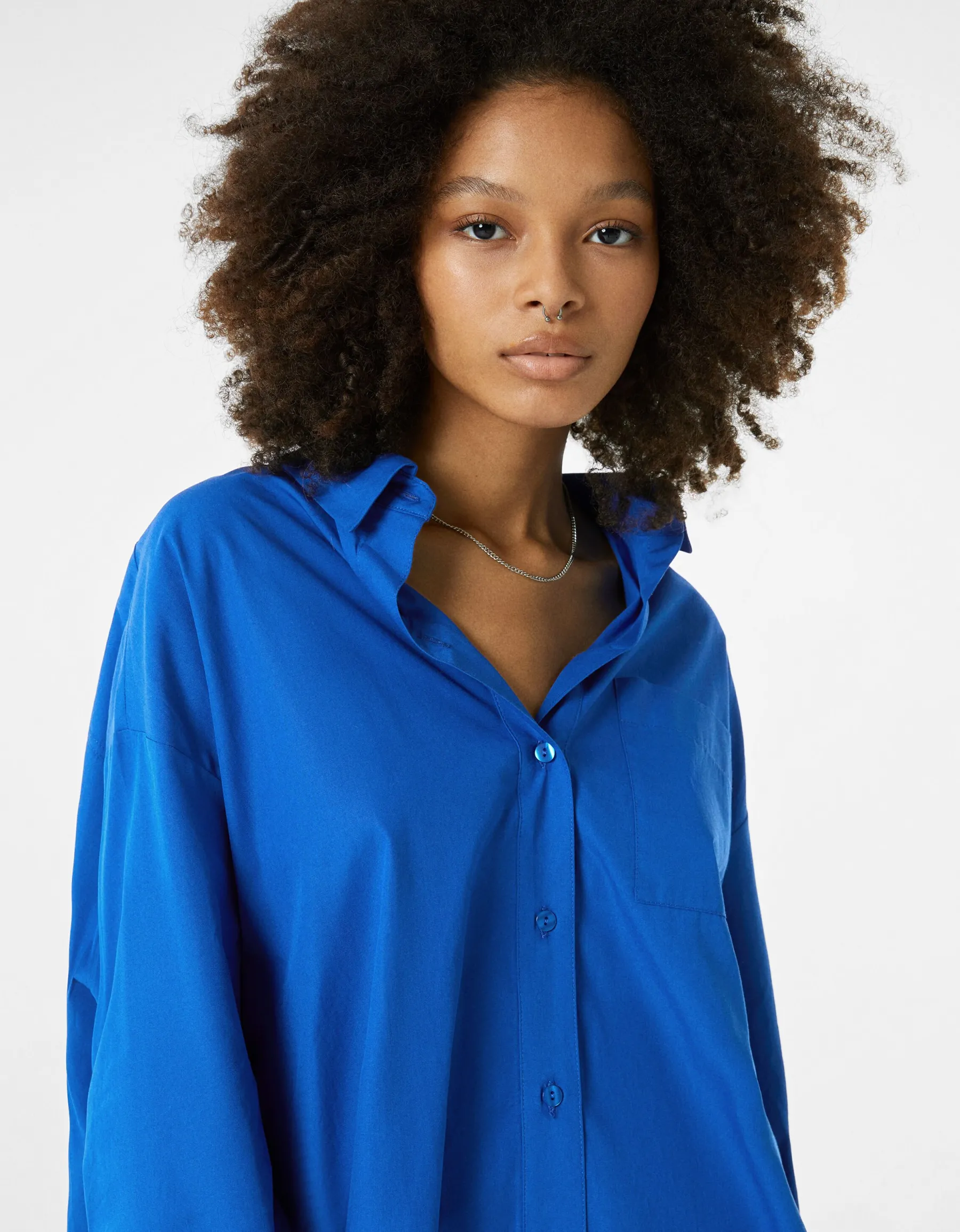 BERSHKA Chemise manches longues overzise popeline Beige Discount