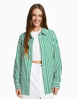 BERSHKA Chemise manches longues overzise popeline Vert Hot