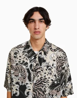 BERSHKA Chemisette imprimée Noir Flash Sale