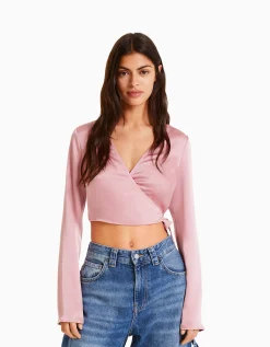 BERSHKA Chemisier cache-cœur ballerine manches longues satiné Beige Cheap