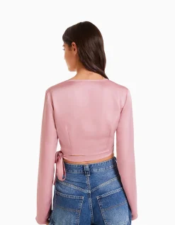 BERSHKA Chemisier cache-cœur ballerine manches longues satiné Beige Cheap