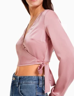 BERSHKA Chemisier cache-cœur ballerine manches longues satiné Beige Cheap