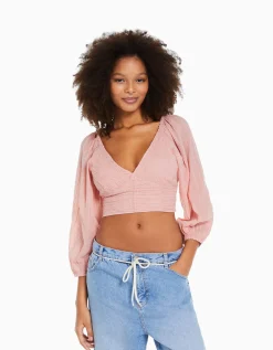 BERSHKA Chemisier manches longues volume col V Blanc cassé New