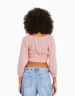 BERSHKA Chemisier manches longues volume col V Blanc cassé New