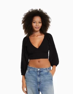 BERSHKA Chemisier manches longues volume col V Blanc cassé Store