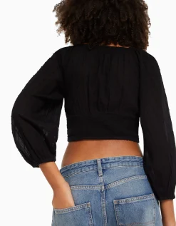 BERSHKA Chemisier manches longues volume col V Blanc cassé Store