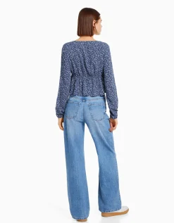 BERSHKA Chemisier manches longues imprimé fleurs nœud Marine Cheap