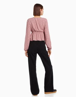 BERSHKA Chemisier manches longues imprimé fleurs nœud Marine New