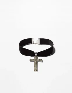BERSHKA Collier ras du cou croix strass Argent Fashion