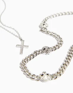 BERSHKA Collier tête de mort croix Argent New