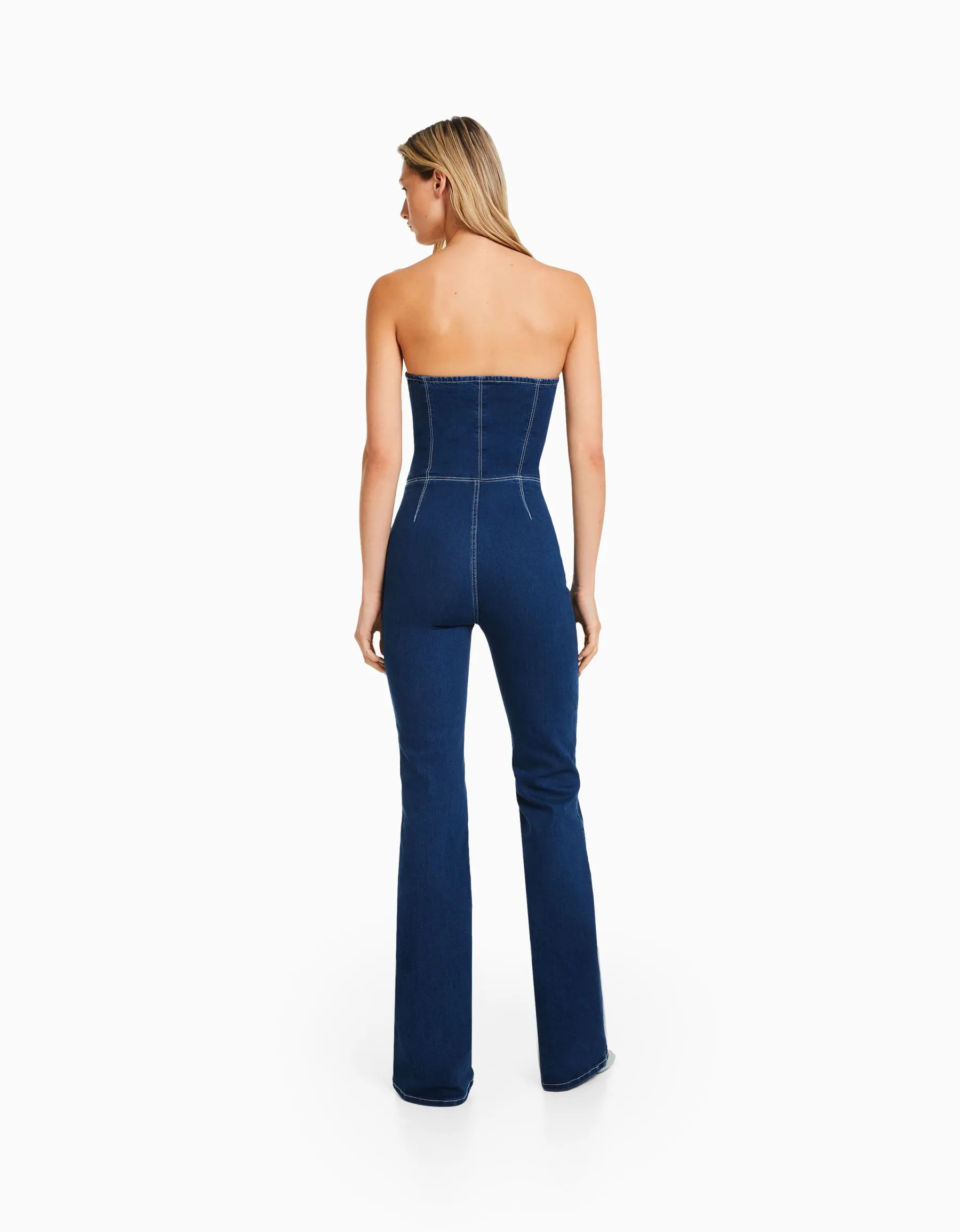 BERSHKA Combi-pantalon denim épaules dénudées Marine Outlet