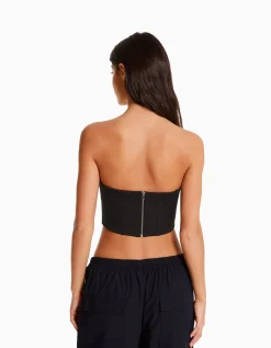 BERSHKA Corset cropped encolure en V Noir Clearance