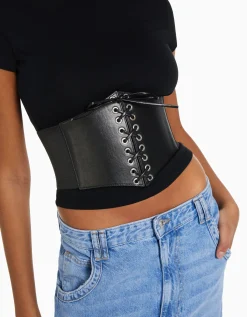 BERSHKA Corset tressé imitation cuir Noir Cheap