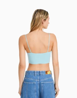 BERSHKA Crop top bretelles fines Blanc Outlet