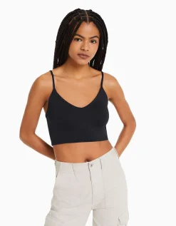 BERSHKA Crop top bretelles fines Blanc Best