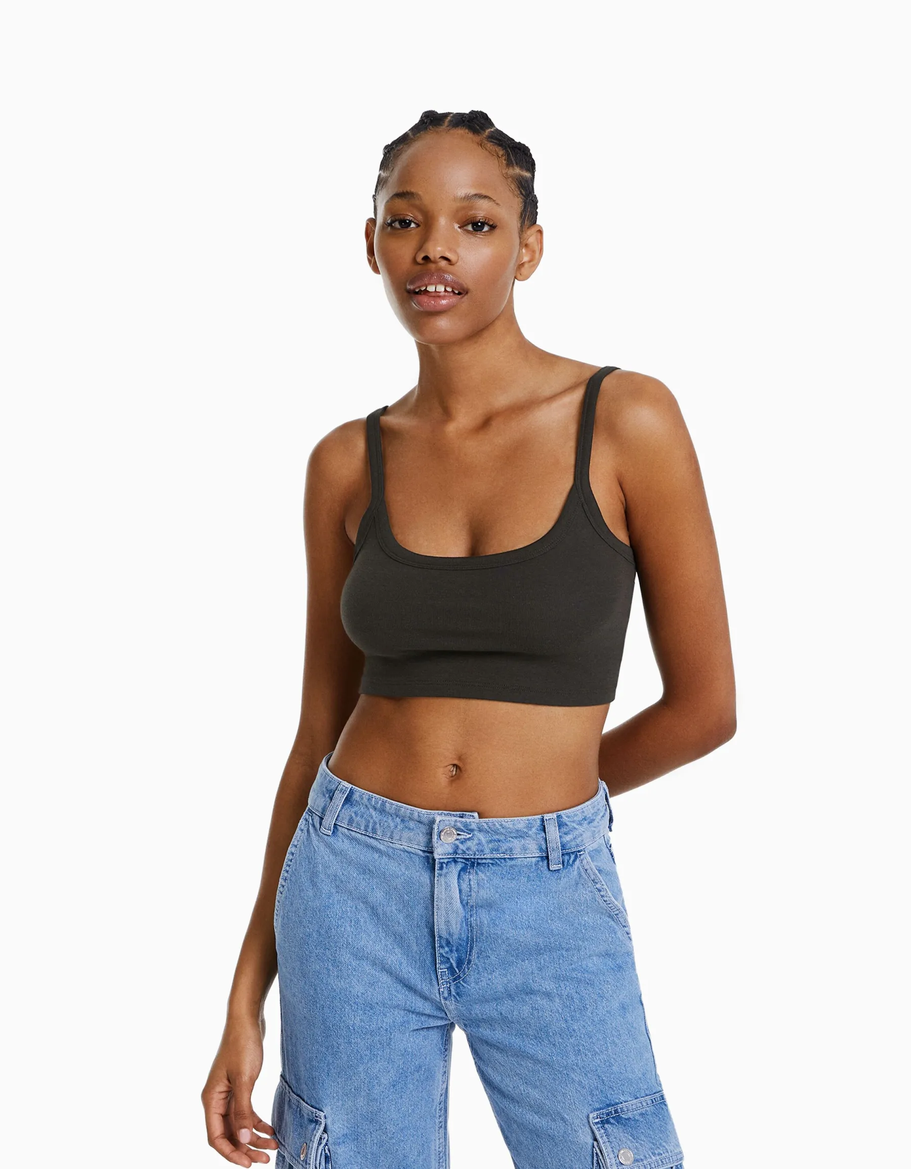 BERSHKA Crop top bretelles larges Gris Cheap