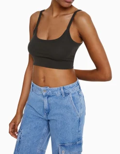 BERSHKA Crop top bretelles larges Gris Cheap