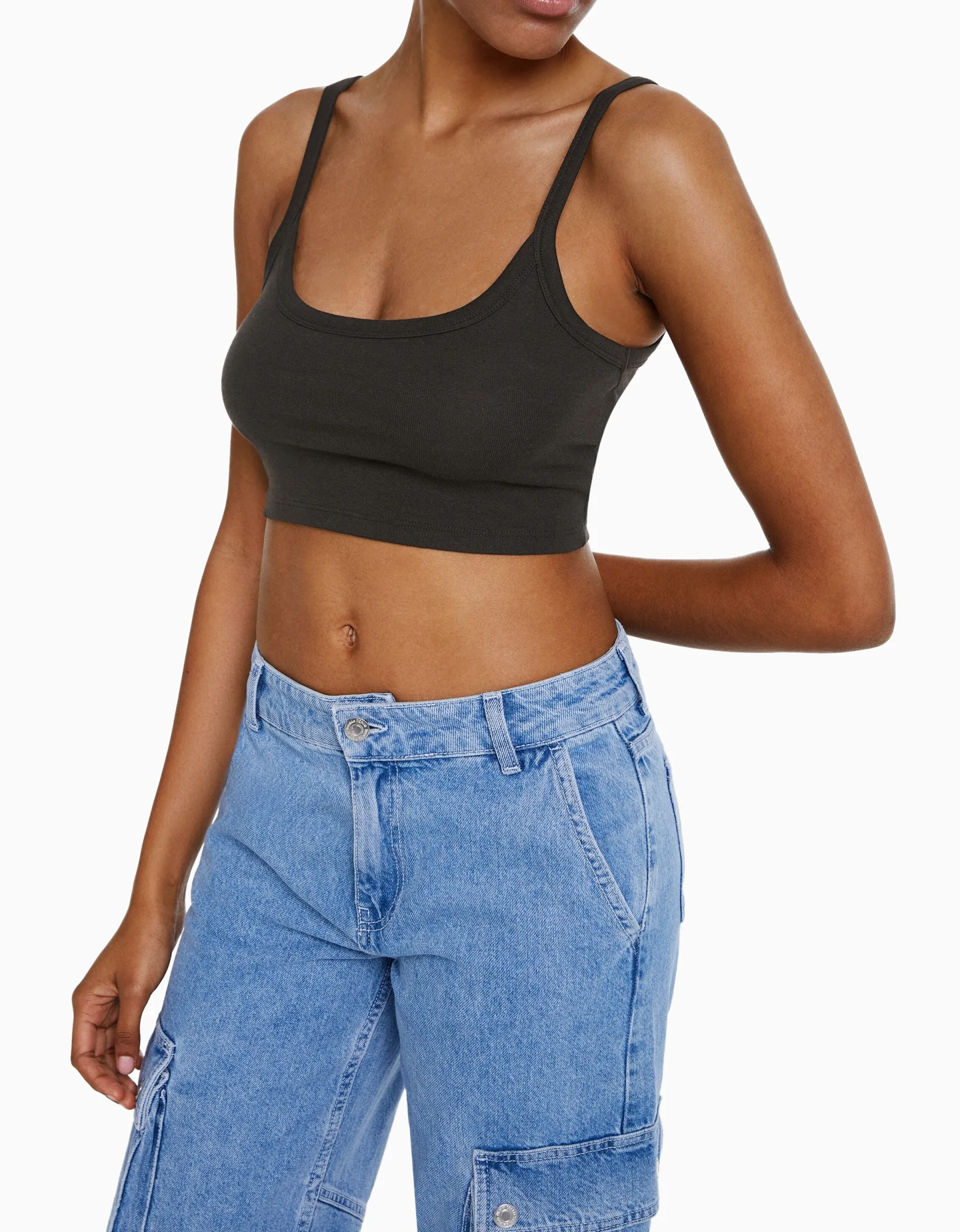 BERSHKA Crop top bretelles larges Gris Cheap