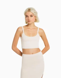 BERSHKA Crop top bretelles larges Sable Outlet