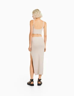 BERSHKA Crop top bretelles larges Sable Outlet