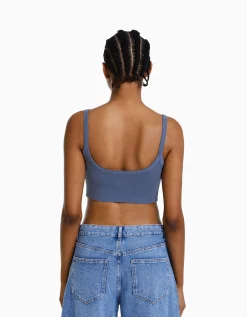 BERSHKA Crop top bretelles larges Bleu lavé Store
