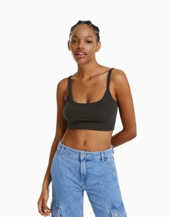 BERSHKA Crop top bretelles larges Gris Shop