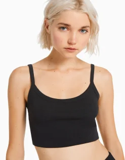 BERSHKA Crop top bretelles larges Noir New