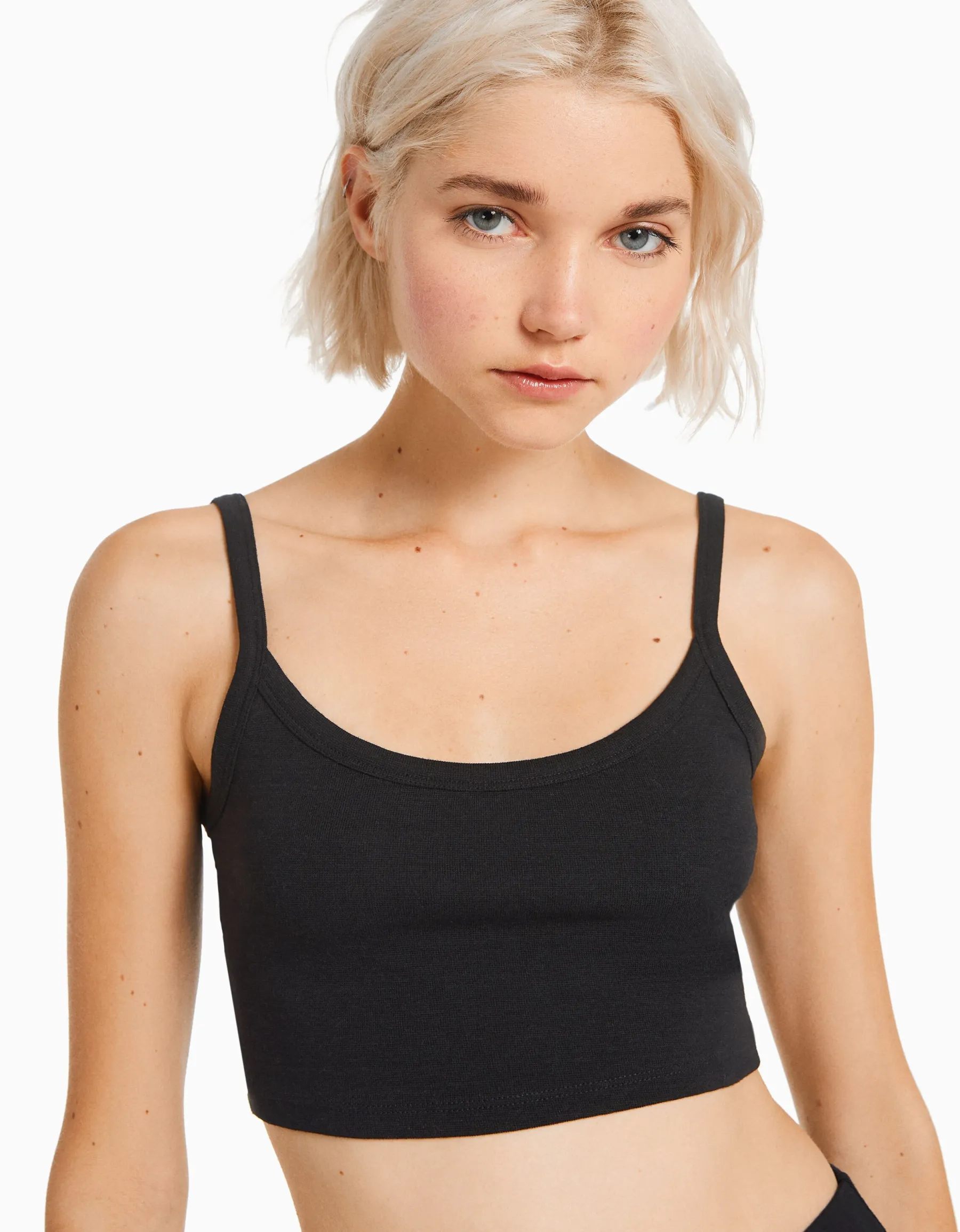 BERSHKA Crop top bretelles larges Noir New