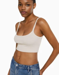 BERSHKA Crop top bretelles larges Sable Hot