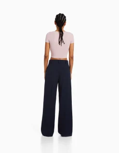 BERSHKA Dad fit - Pantalon tailoring wide leg Marine Discount