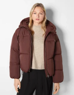 BERSHKA Doudoune capuche oversize Marron New