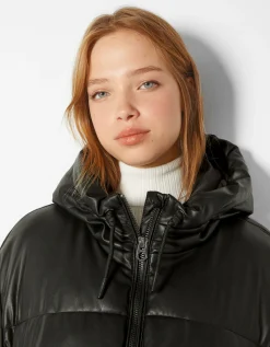 BERSHKA Doudoune capuche similicuir Rouge Cheap