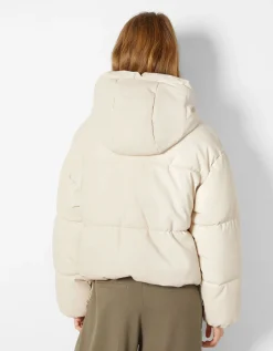 BERSHKA Doudoune capuche similicuir Rouge Hot