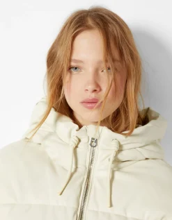 BERSHKA Doudoune capuche similicuir Rouge Hot