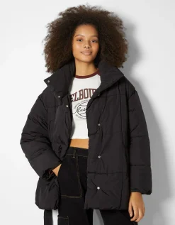 BERSHKA Doudoune effet nylon ceinture Noir Clearance