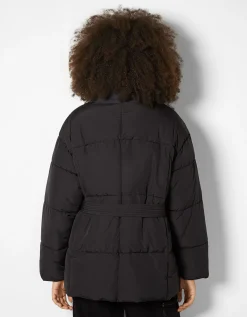 BERSHKA Doudoune effet nylon ceinture Noir Clearance