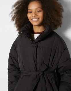 BERSHKA Doudoune effet nylon ceinture Noir Clearance