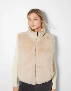 BERSHKA Doudoune polaire sans manches réversible Blanc cassé Sale