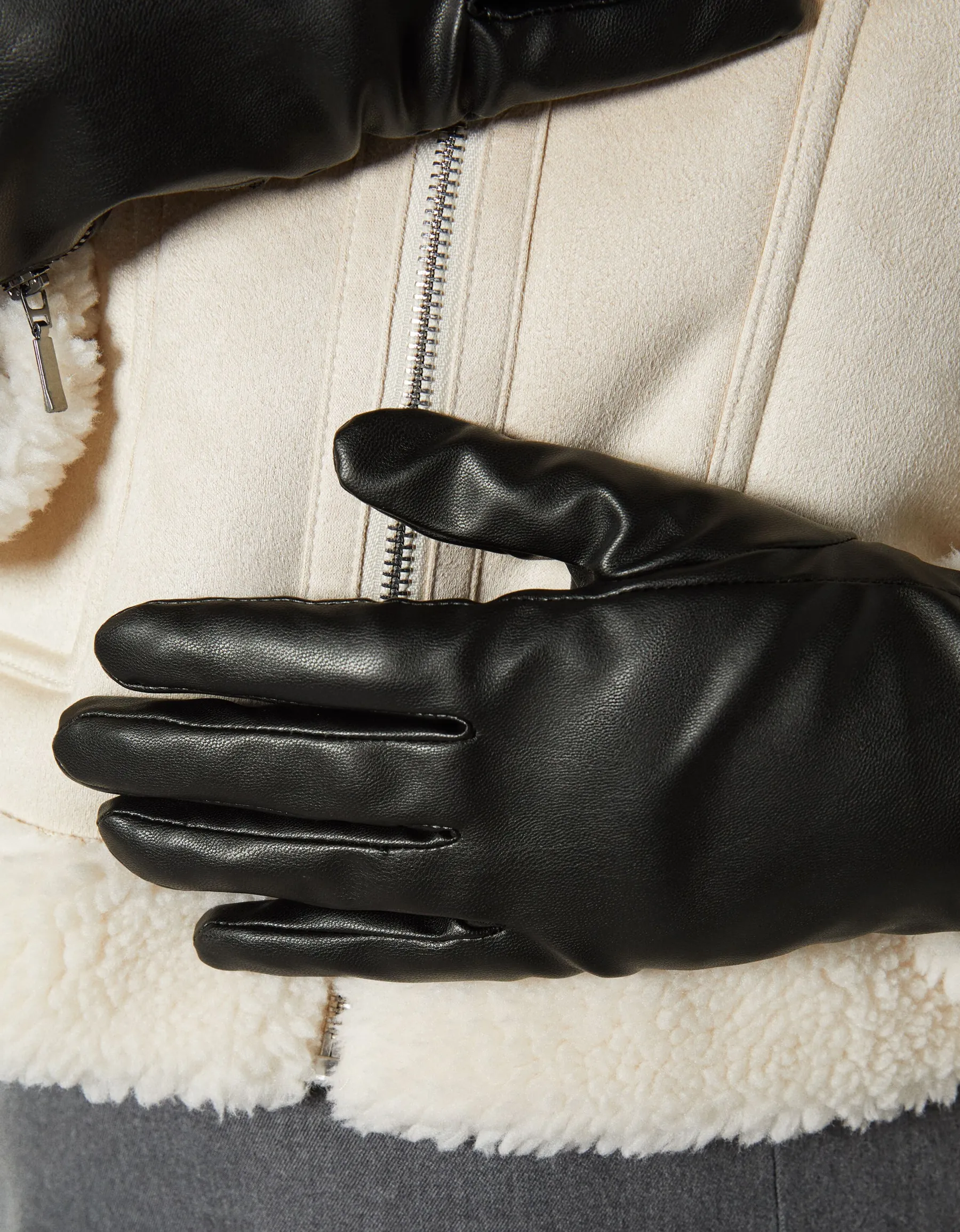 BERSHKA Gants similicuir fermeture Éclair Noir Shop